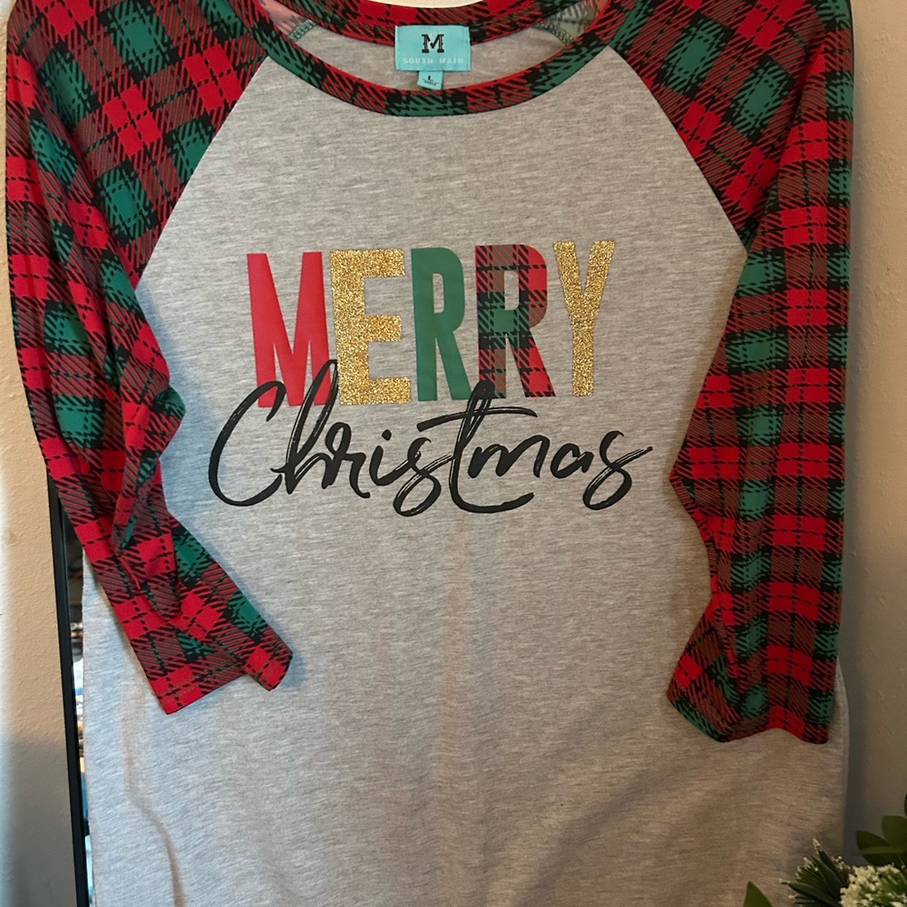 Plaid Sleeve Merry Christmas Shirt